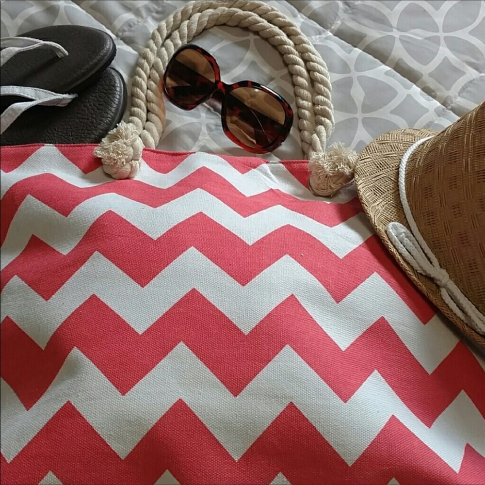 NEW! 2 left! Retro Travel/Beach/Farmers Market Canvas Tote Bag Red Pink Shopping - Picture 3 of 6